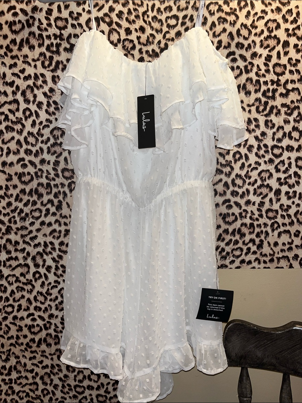 Lulu’s White Off-Shoulder Ruffled Swiss Dot Romper